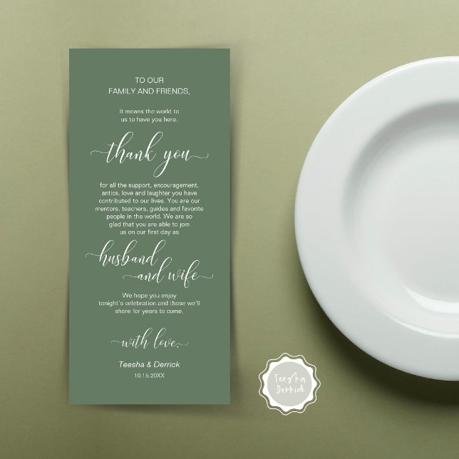 Mariage moderne classique Cadre Carte de remerciem (Wedding Dinner Place Setting Thank You Card, Plate Decor, Modern Classy, in Forest Sage Green)