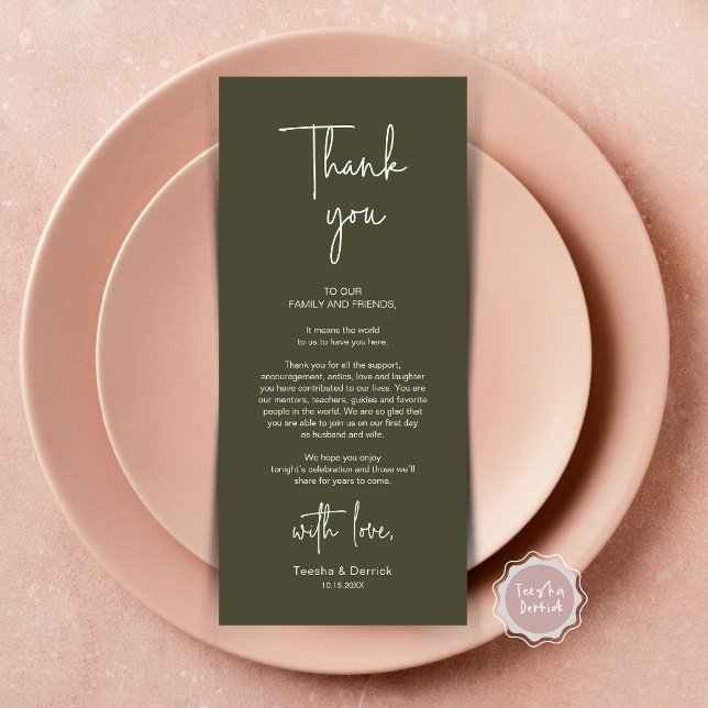 Mariage moderne Lieu Cadre Dîner Carte de remercie (Modern Romantic Wedding Place Setting Dinner Thank You Card, in Olive Green)