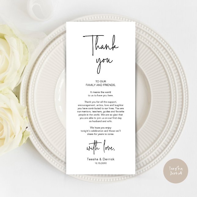 Mariage moderne Lieu Cadre Dîner Carte de remercie (Modern Romantic Wedding Place Setting Dinner Thank You Card, in Black and White)