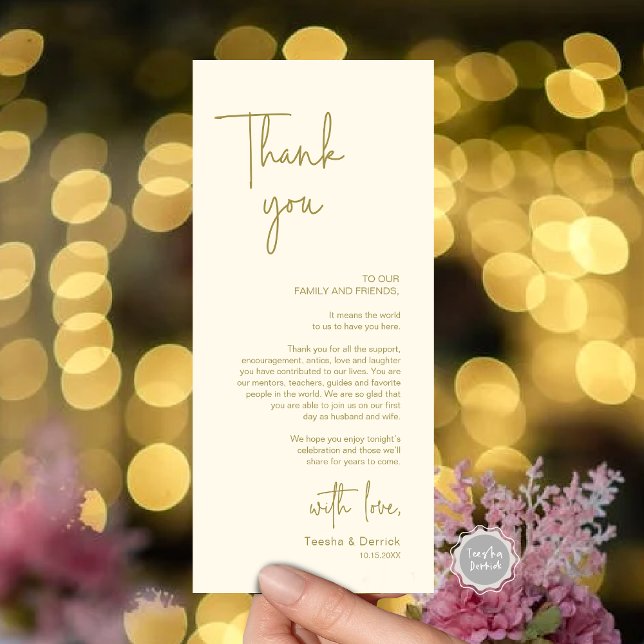 Mariage moderne Lieu Cadre Dîner Carte de remercie (Modern Wedding Dinner Place Setting Thank You Card, in Handwriting Script, Gold Scheme)