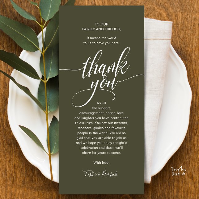 Mariage moderne Script Carte de remerciements Dîne (Modern Script Wedding Guest Dinner Reception Brunch Lunch Thank You Card in Olive Green)