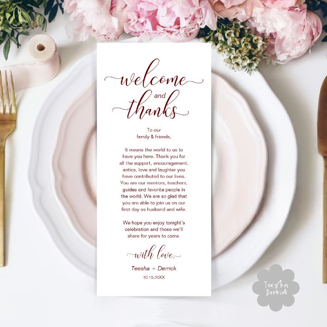 Mariage moderne Table Place Cadre Carte de remerci (Modern Wedding Dinner Brunch Lunch Table Place Setting Thank You Card in Classy Burgundy Red)