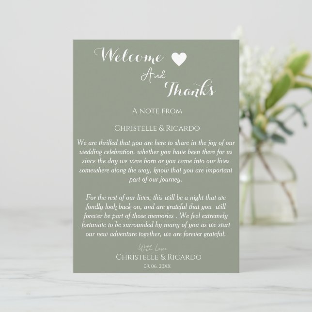 Mariage moderne vert sauge bienvenue et merci  (Debout devant)