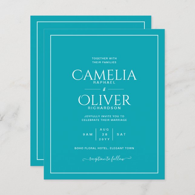 Mariage monochrome blanc Peacock Turquoise budget (Devant / Derrière)