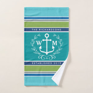 Mariage Monogram Ancre Laurel Wreath Aqua Stripes