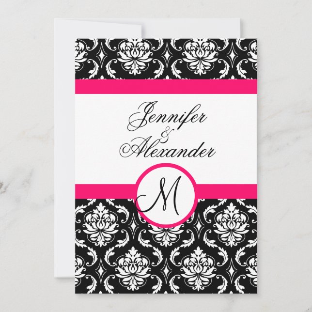 Mariage Monogram Damask Hot Pink Invitation avant (Devant)