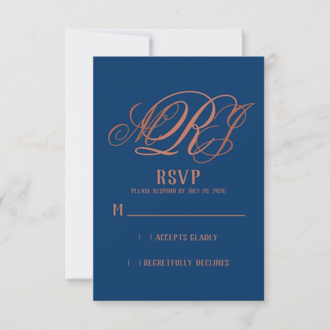 Mariage Monogramme élégant en cuivre bleu marine R (Devant)