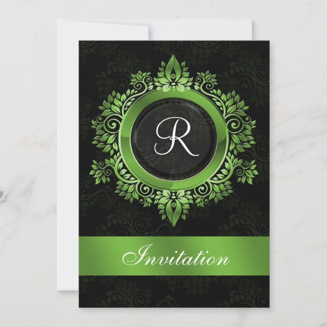 mariage monogramme vert fleuri Invitations (Devant)