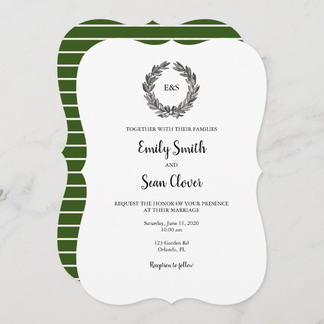 Mariage Monogramme Wreath Green Stripe Invitation (Devant / Derrière)