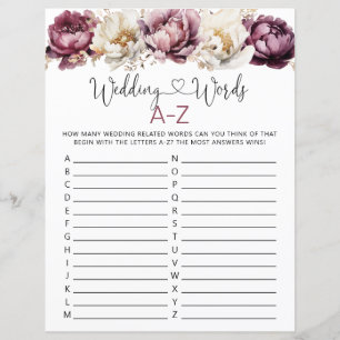 Mariage Mots Fête des mariées A-Z Feuille de jeu
