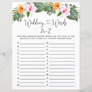 Mariage Mots Fête des mariées A-Z Feuille de jeu