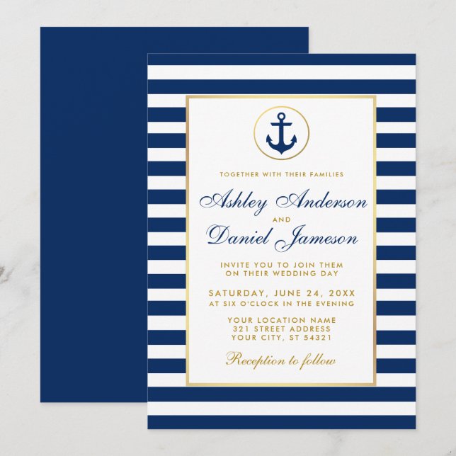 Mariage Naustique Rayures Bleues Or Invitation B (Devant / Derrière)