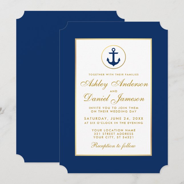 Mariage nautique Ancre bleue et Gold Invitation (Devant / Derrière)