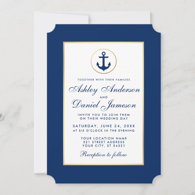 Mariage nautique Ancre bleue Invitation W (Devant)