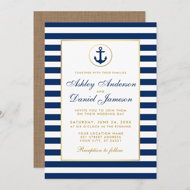 Mariage Nautique Bleu Bleu Grilles Or Invitation B (Devant / Derrière)