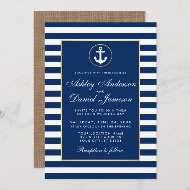 Mariage nautique Bleu Grilles Burlap Invitation (Devant / Derrière)