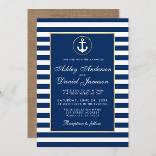 Mariage nautique Bleu Grilles Burlap Invitation