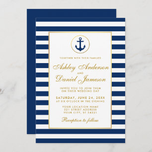 Mariage Nautique Bleu Grilles Or Invitation GB