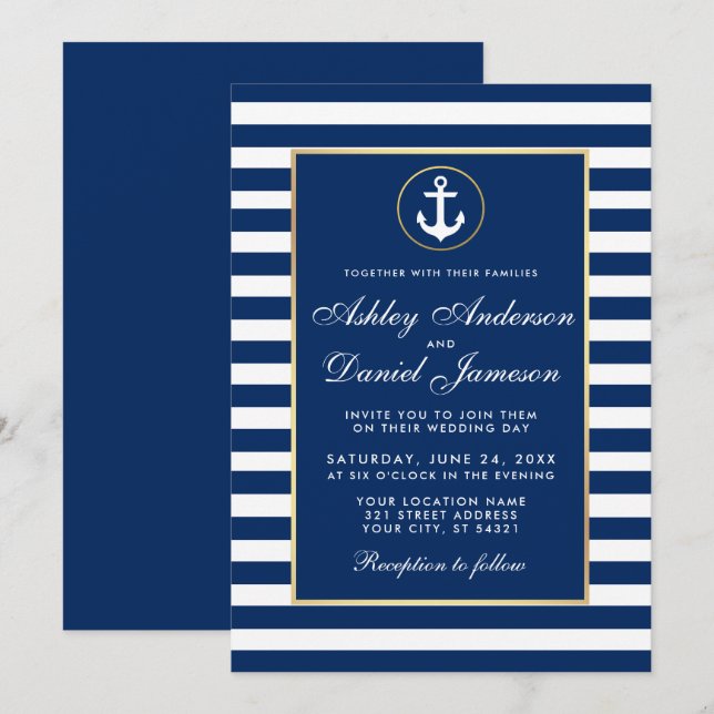 Mariage nautique Bleu  Invitation B (Devant / Derrière)