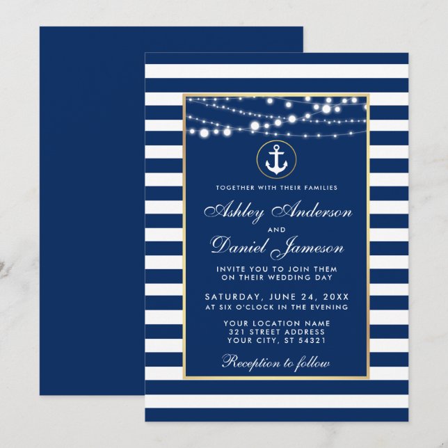 Mariage Nautique Bleu Rayures Invitation B (Devant / Derrière)
