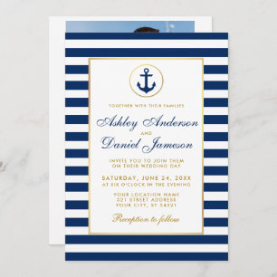 Mariage nautique Bleu rayures Invitation BG Photo 