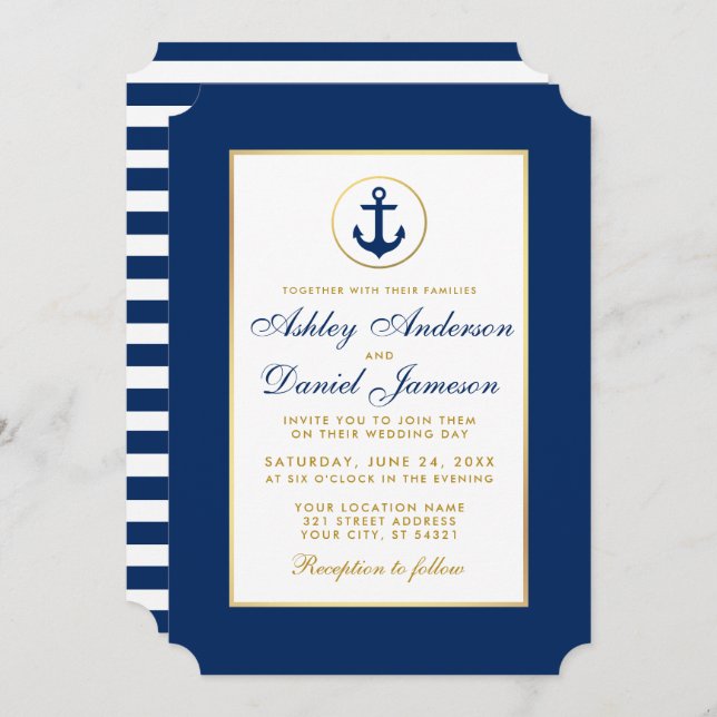 Mariage Nautique Bleu Striped Gold Invitation (Devant / Derrière)