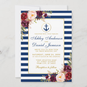 Mariage Nautique Bleu Stripes Bourgogne Invitation