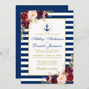 Mariage Nautique Bleu Stripes Bourgogne Invitation