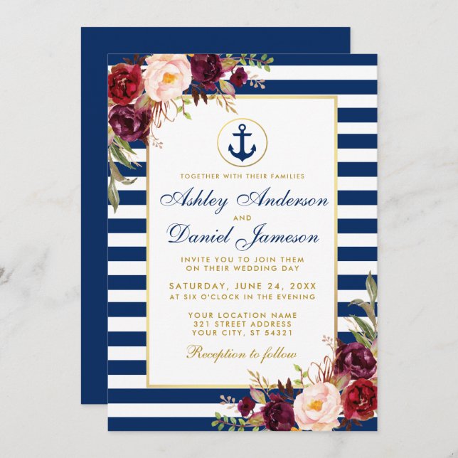Mariage Nautique Bleu Stripes Bourgogne Invitation (Devant / Derrière)