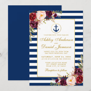 Mariage Nautique Bleu Stripes Bourgogne Invitation