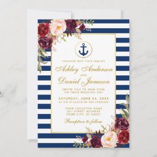 Mariage Nautique Bleu Stripes Burgundy Invitation 
