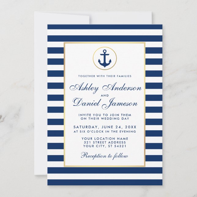 Mariage nautique Bleu Stripes Invitation (Devant)