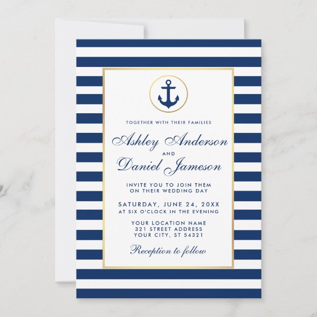 Mariage nautique Bleu Stripes Invitation W (Devant)