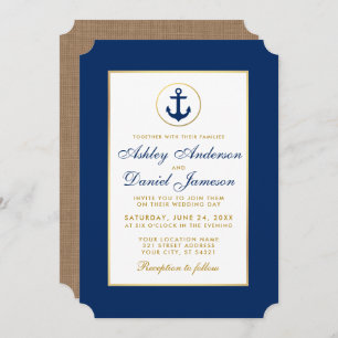 Mariage nautique Invitation bleue et or B