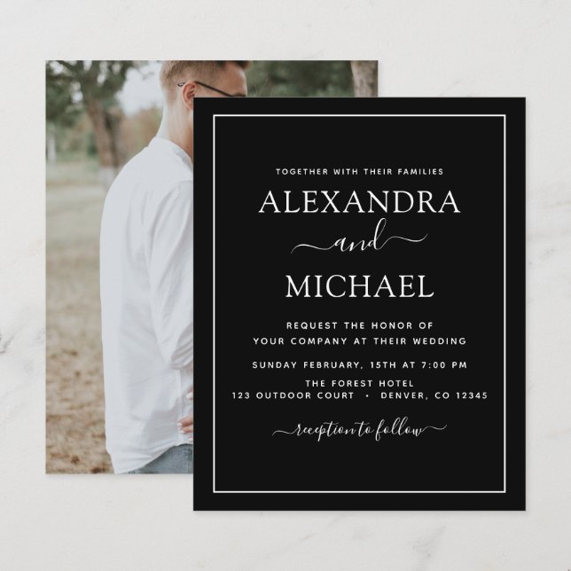 Mariage noir blanc à budget avec invitation photo (Devant / Derrière)