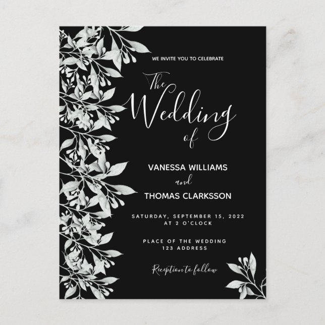 Mariage noir blanc botanique invitation (Devant)