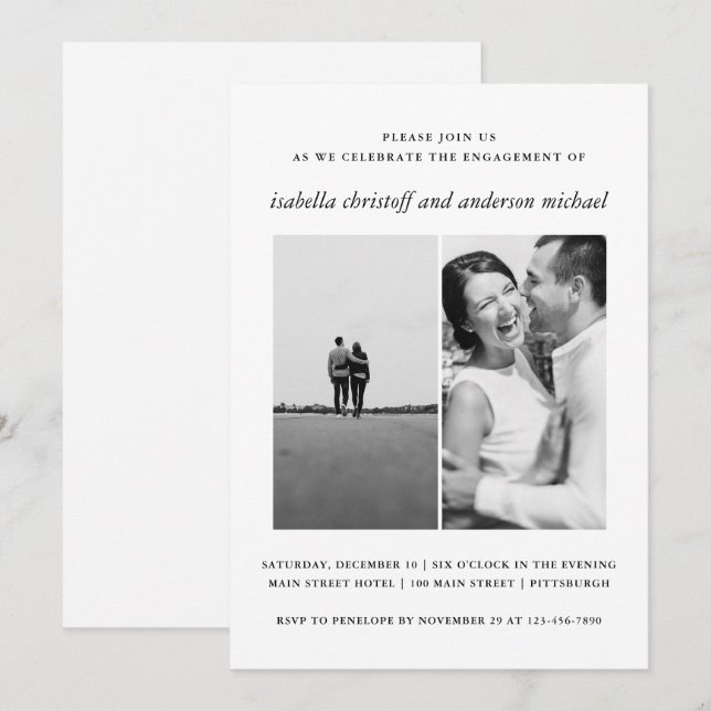 Mariage noir blanc Fiançailles Photo Invitation (Devant / Derrière)