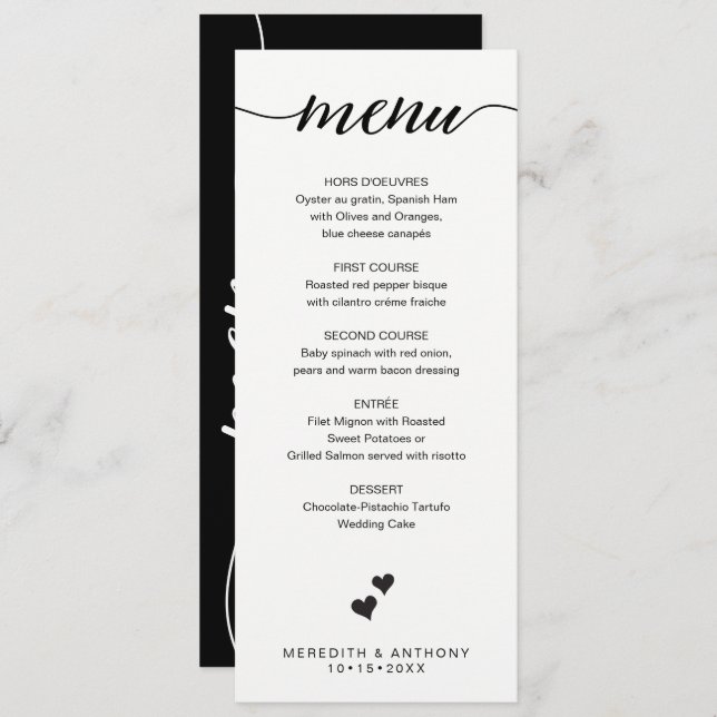 Mariage noir blanc Menu Calligraphie minimaliste (Devant / Derrière)