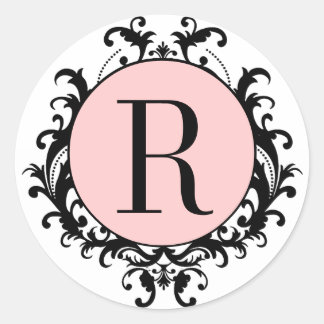Mariage noir blanc Monogramme R Damask Étiquette r