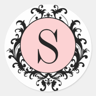 Mariage noir blanc Monogramme S Damask Étiquette r
