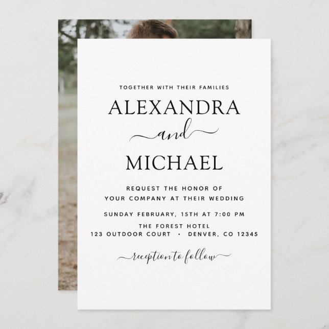 Mariage noir blanc Romantique Photo Invitation (Devant / Derrière)