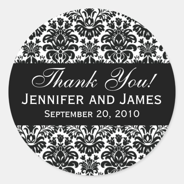 Mariage noir et blanc Damask Merci Étiquette (Devant)