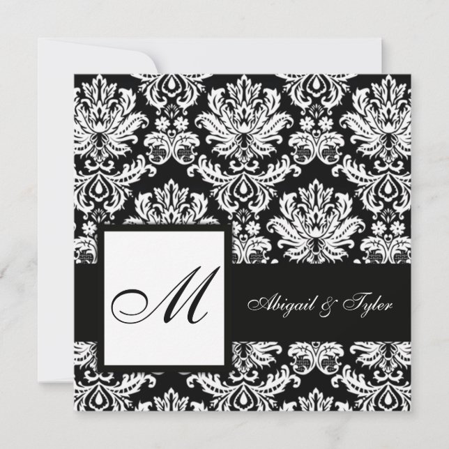 Mariage noir Monogramme Damask Invitation (Devant)