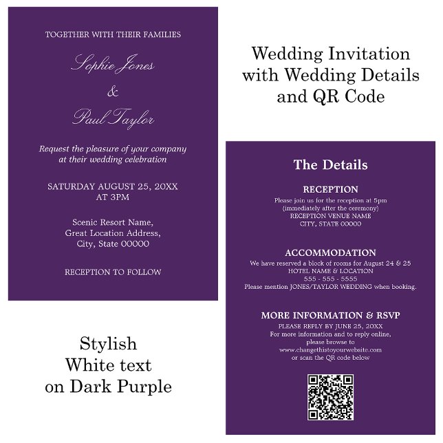 Mariage noir violet QR Code RSVP Invitation (Créateur téléchargé)