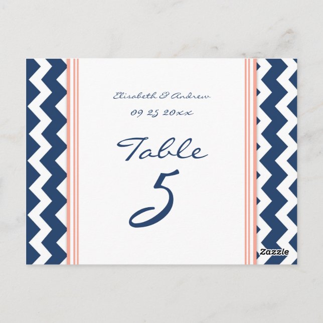 Mariage Numéro de tableau Cartes Coral Bleu Chevro (Dos)