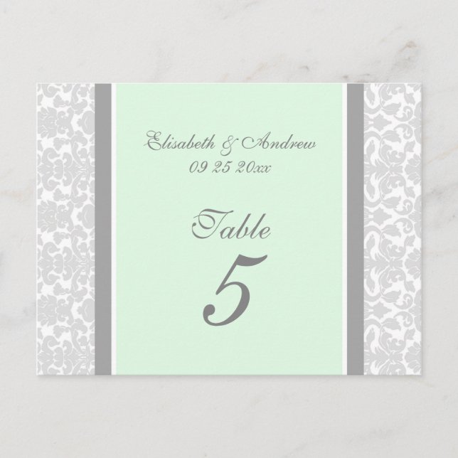 Mariage Numéro de tableau Cartes Mint Grey Damask (Devant)