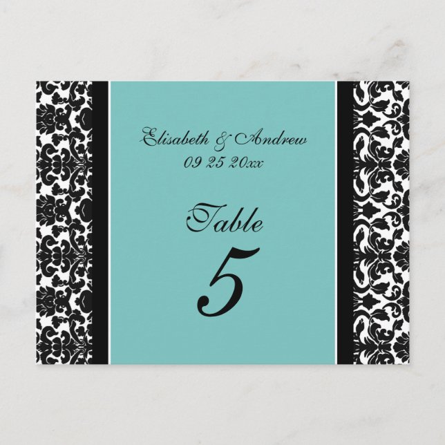 Mariage Numéro de tableau Cartes Turquoise Damask (Devant)