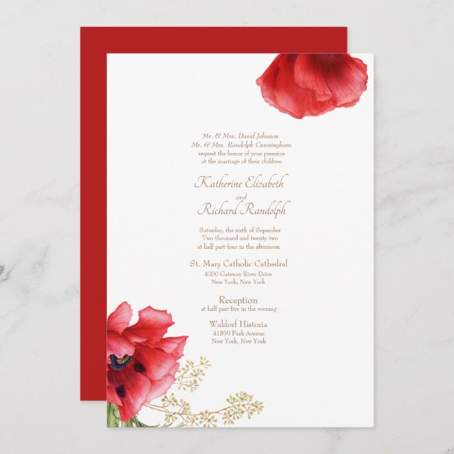 Mariage officiel Red Floral & Gold Invitation (Devant / Derrière)