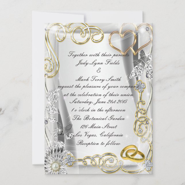 Mariage Or Anneaux Et Coeurs Invitation (Devant)