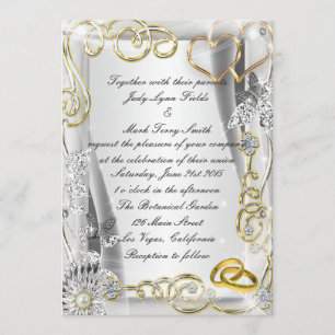 Mariage Or Anneaux Et Coeurs Invitation